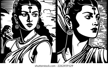 Beautiful and trendy black and white linocut popart or colouring page of an indian women