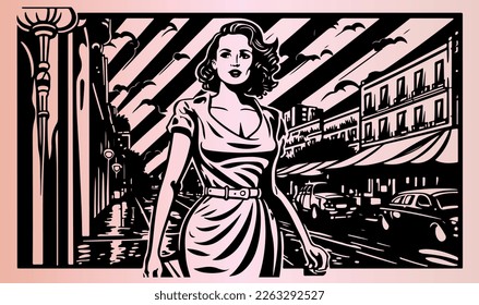 Beautiful and trendy black and white linocut pop art or colouring page of a caucasian women