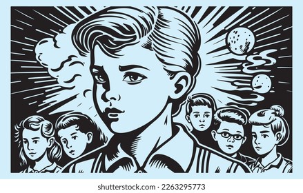 Beautiful and trendy black and white linocut pop art or colouring page of a young child