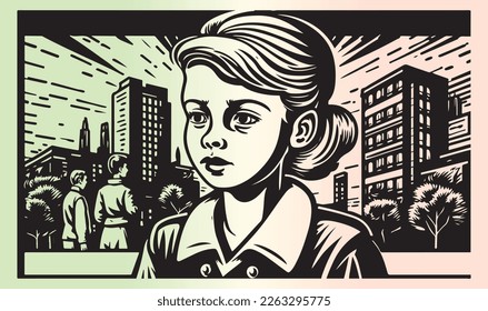 Beautiful and trendy black and white linocut pop art or colouring page of a young child