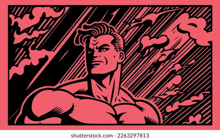 Beautiful and trendy black and white linocut art or colouring page of a super hero