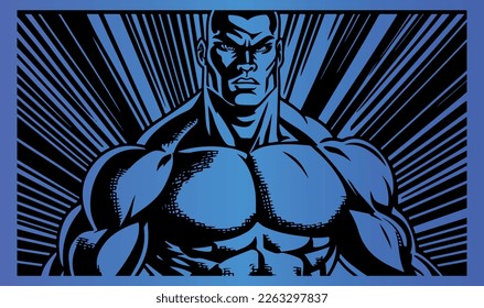 Beautiful and trendy black and white linocut art or colouring page of a super hero