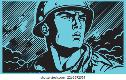 Beautiful and trendy black and white linocut art or colouring page of a soldier in war