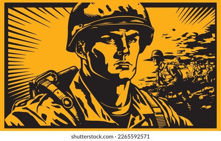 Beautiful and trendy black and white linocut art or colouring page of a soldier in war