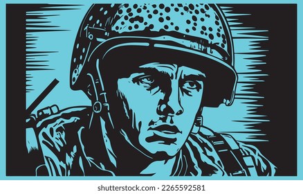 Beautiful and trendy black and white linocut art or colouring page of a soldier in war