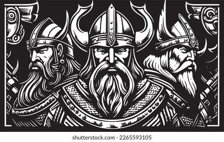 Beautiful and trendy black and white linocut art of a viking