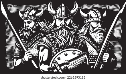 Beautiful and trendy black and white linocut art of a viking