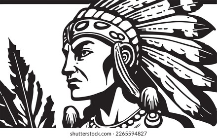 Beautiful and trendy black and white linocut art or colouring page of a Native American Indian