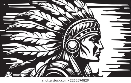 Beautiful and trendy black and white linocut art or colouring page of a Native American Indian