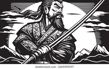 Beautiful and trendy black and white linocut art or colouring page of a Japanese Samurai Warrior