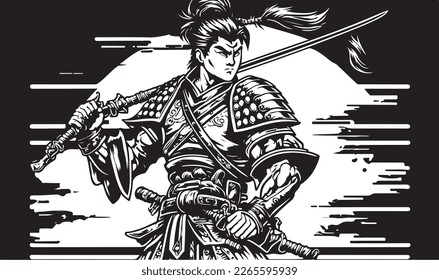 Beautiful and trendy black and white linocut art or colouring page of a Japanese Samurai Warrior