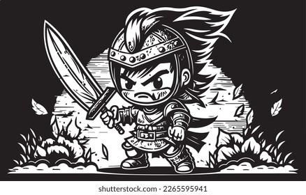 Beautiful and trendy black and white linocut art or colouring page of a Japanese Samurai Warrior