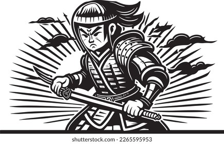 Beautiful and trendy black and white linocut art or colouring page of a Japanese Samurai Warrior