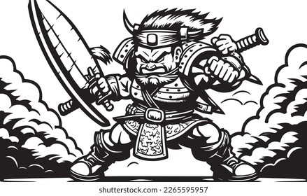 Beautiful and trendy black and white linocut art or colouring page of a Japanese Samurai Warrior