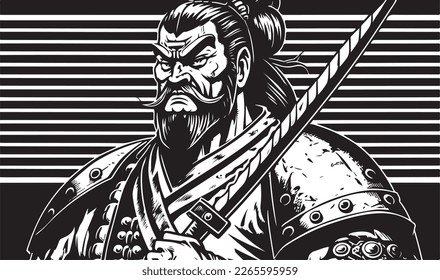 Beautiful and trendy black and white linocut art or colouring page of a Japanese Samurai Warrior