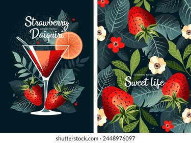 Beautiful trendy cards with strawberries and cocktail. Stylish flat graphics and original design for card, poster, flyer, banner and other