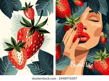 Beautiful trendy cards with woman and strawberries. Stylish flat graphics and original design for card, poster, flyer, banner and other