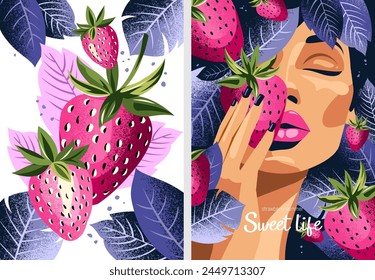 Beautiful trendy cards with woman and strawberries. Stylish flat graphics and original design for card, poster, flyer, banner and other