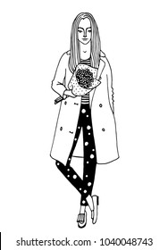 Beautiful trendy fashionable young woman holding bouquet. Hand drawn vector black and white illustration. Cartoon, doodle.