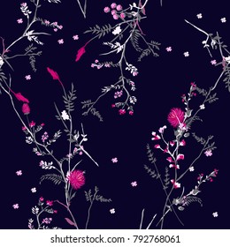 Beautiful Trendy  Floral pattern in the many kind of flowers.Botanical  Motifs scattered random. Seamless vector texture. For fashion prints. Printing with in hand drawn style on navy blue background.