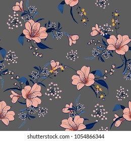 Beautiful and trendy garden soft pink flower with blue leaves seamless pattern vector fofashion fabric and all prints on light grey background. Beautiful and trendy garden soft pink flower with blue leaves seamless pattern vector fofashion fabric and all prints on light grey background.