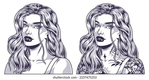Beautiful trendy girl label monochrome with millennial model looking at camera with cheeky shoulder tattoos Chicano style vector illustration