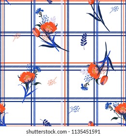 Beautiful and trendy Grid check background on top with beautiful blowing tulip leaves and garden flowers seamless pattern vector fot fashion,fabric,and all prints on white  background