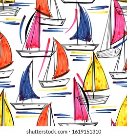 Beautiful trendy Hand drawn brush stroke ship wind surf  boat the ocean summer vibes seamless pattern in vector EPS10 Design for all type graphic   prints