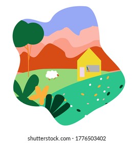 beautiful trendy landscape illustration. mountainous area with a house and fields vector. Nature friendly and colorful