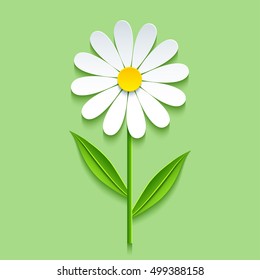 Beautiful trendy nature background with 3d chamomile cutting paper. Stylized summer flowers isolated over green. Stylish modern wallpaper. Floral design elements. Vector illustration