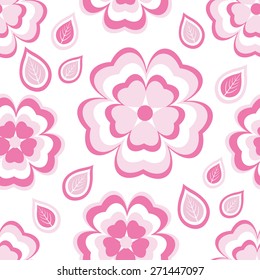 Beautiful trendy nature background seamless pattern with stylized pink, white sakura blossom, japanese cherry tree and leaves. Floral modern wallpaper. Greeting or invitation card with flowers, vector