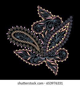 Beautiful trendy  print with ethnic elements, roses  and paisley. Vector colorful   picture for decoration embroidery, for women's clothing.