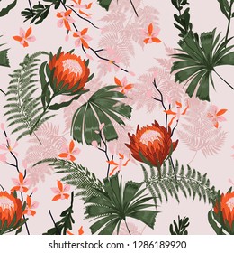 Beautiful Trendy protea Floral pattern in the many kind of flowers. Tropical botanical . Seamless vector texture. Printing with in hand drawn style on light pink background