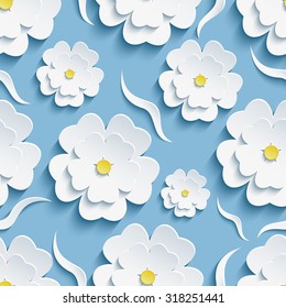 Beautiful trendy romantic festive blue background seamless pattern, white blossoming 3d flower sakura, japanese cherry tree and decorative wave. Floral stylish modern wallpaper. Vector illustration. Cut paper.