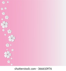 Beautiful trendy romantic festive pink background, white blossoming paper flower sakura and decorative wave. Floral stylish modern wallpaper. Vector illustration. Cut paper.