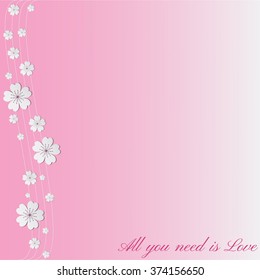Beautiful trendy romantic festive pink background, white blossoming 3d flower sakura, japanese cherry tree and decorative wave. Floral stylish modern wallpaper. Vector illustration. Cut paper.