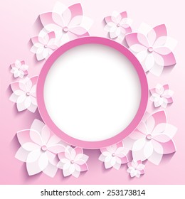 Beautiful trendy round frame with 3d white-pink flowers sakura - japanese cherry tree. Greeting or invitation card with stylized blossoming sakura. Stylish modern background. Vector illustration