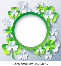 Beautiful trendy round frame with green- grey 3d leaf clover. Greeting or invitation card with stylized clover for St. Patricks day. Stylish modern gray background, place for text. Vector illustration