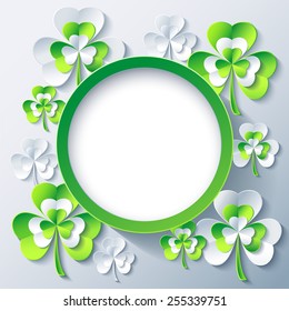 Beautiful trendy round frame with grey- green 3d leaf clover. Stylish greeting or invitation card with stylized clover for St. Patricks day. Gray modern background, place for text. Vector illustration