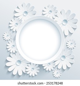 Beautiful trendy round frame with white 3d flower chamomile. Greeting or invitation card with creative stylized chamomiles. Stylish modern grey background, place for text. Vector illustration