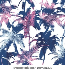 Beautiful trendy seamless exotic pattern with palm and tropical plants. Modern abstract design for paper, wallpaper, cover, fabric and other users. Vector illustration.