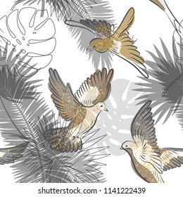 Beautiful trendy seamless exotic pattern with tropical plants and birds. Modern abstract design for paper, wallpaper, cover, fabric and other users. Vector illustration