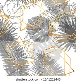 Beautiful trendy seamless exotic pattern with tropical plants and geometric shape. Modern abstract design for paper, wallpaper, cover, fabric and other users. Vector illustration