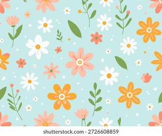 Un hermoso y moderno patrón sin fisuras con una variedad de coloridas flores dibujadas a mano en tonos pastel suaves. Este encantador diseño botánico es perfecto para la impresión de telas, decoración de viveros, tarjetas de felicitación, papelería y la marca de temática de primavera. Arte vectorial de alta calidad con un estilo de diseño limpio y plano.