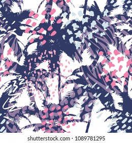 Beautiful trendy seamless pattern with palm, tropical plants and hand drawn textures. Modern abstract design for paper, wallpaper, cover, fabric and other users. Vector illustration.