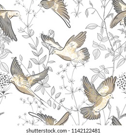 Beautiful trendy seamless pattern with plants and birds. Modern abstract design for paper, wallpaper, cover, fabric and other users. Vector illustration.