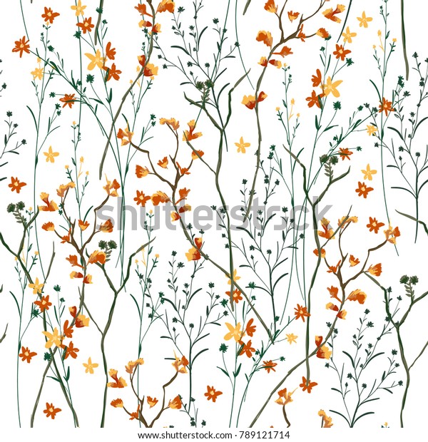 Beautiful and trendy Seamless Pattern wind blow flowers,  Isolated on summer white color. Botanical Floral Decoration Texture. Vintage Style Design for Fabric Print, Wallpaper Background.