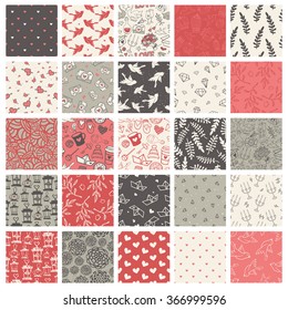 Beautiful and trendy set of 25 handsketched valentine's day seamless patterns. Great for holiday decoration, wrapping paper, scrapbooking, invitation cards, web design