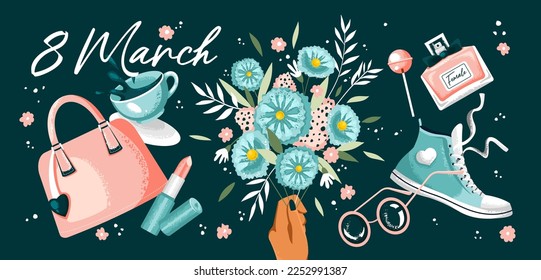 Beautiful trendy set for 8 March. International Women's Day. Women's things, bouquet, sunglasses, lipstick, sneakers, bag, cup of coffee, chupa chups and perfume. Stylish flat graphics.
