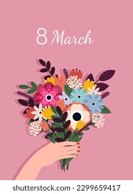 Beautiful trendy set of greeting card for 8 March. International Women's Day. Vector postcard or greeting card mockup in modern cartoon style